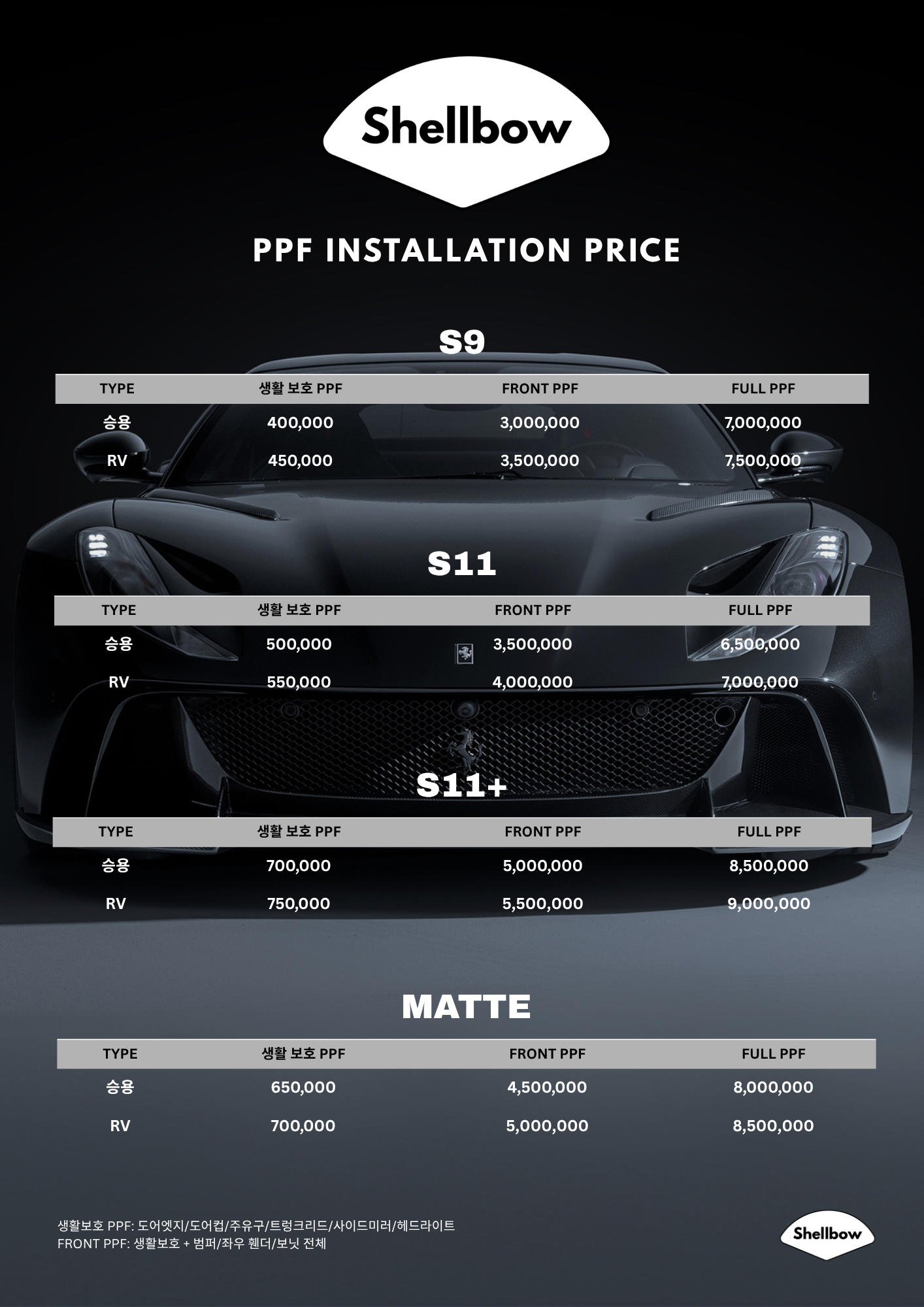 XHIELD PPF Price Table